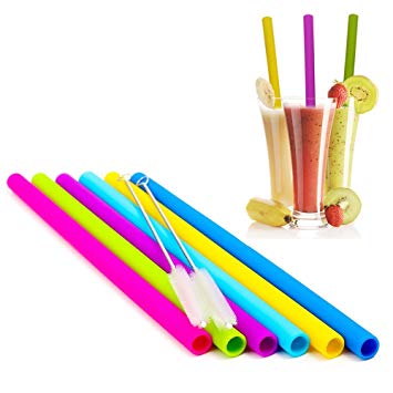 Silicone Straws for 30 OZ Yeti/Rtic Tumblers, Reusable Wide Extra Long Flexible Straight Smoothies Drinking Straws with Cleaning Brushes Bundle 6 Pack