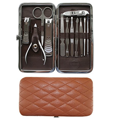 12 Piece Manicure, Pedicure, Male / Female Grooming, Nail Care Set - Padded Faux Leather Travel Carry Case.