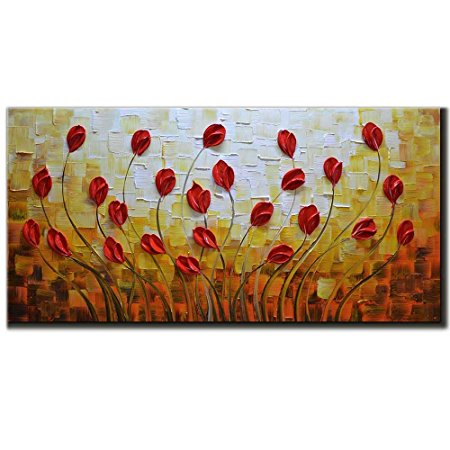 Asdam Art - Oil Paintings on Canvas Budding Flowers 100% Hand-Painted On Canvas Abstract Artwork Floral Wall Art Decorative Pictures Home Decor Red (20X40 inch)