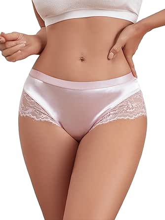 Milumia Women Sexy Lace Satin Silk Panties Underwear Mid Waist Breathable Bikini Briefs