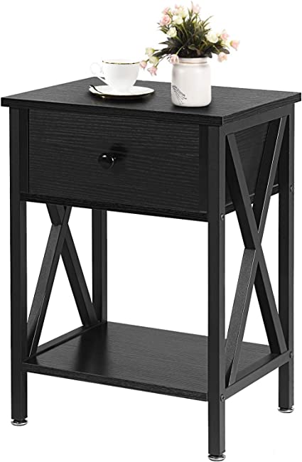 VECELO Modern X-Design Night Stand, Versatile Nightstands, End Drawer Storage Shelf Side Table, Black, Retro Blk