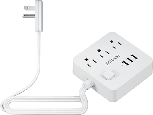 Flat Plug Power Strip, Thin Wall Plug with 3 Outlets 3 USB Charging Station, 5 Ft White Extension Cord Compact for Home Office Travel and Dorm Room