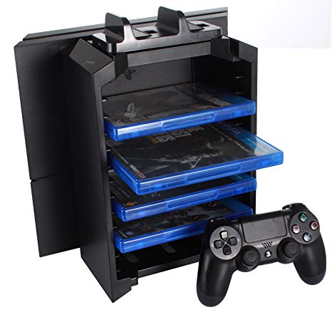 KONKY - PS4 Game Storage Tower Controller Charger, Multifunctional Detachable Playstation 4 Console Vertical Stand & CD Game Disk Holder, Blue-Ray Films Storage & PS4 Dual USB Fast Charging Dock