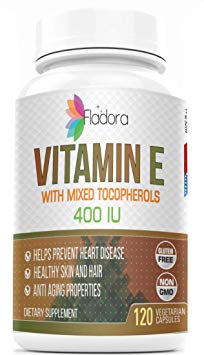 Vitamin E Capsules 400 IU, d-Alpha Tocopherol & Mixed Tocopherols, Antioxidant Supports Healthy Skin & Hair, Wholefood Dietary Supplement, 120 Softgels by Fladora, Non-GMO