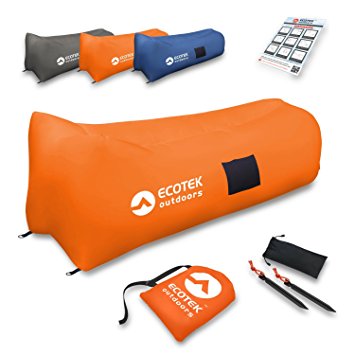EcoTek Outdoors Premium Inflatable Air Hammock Version 2.0 Lounge with Upgraded Fabric, Elastic Pockets, Aluminum Alloy Stakes, and Carry Bag (Fire Orange)