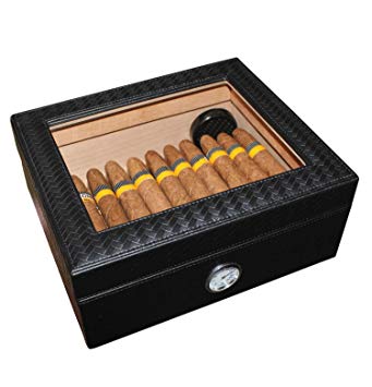 AMANCY Handmade Elegant Black Leather 25-50 Cigar Humidor,Desktop Cedar Wood Lined Cigar Box with Glasstop