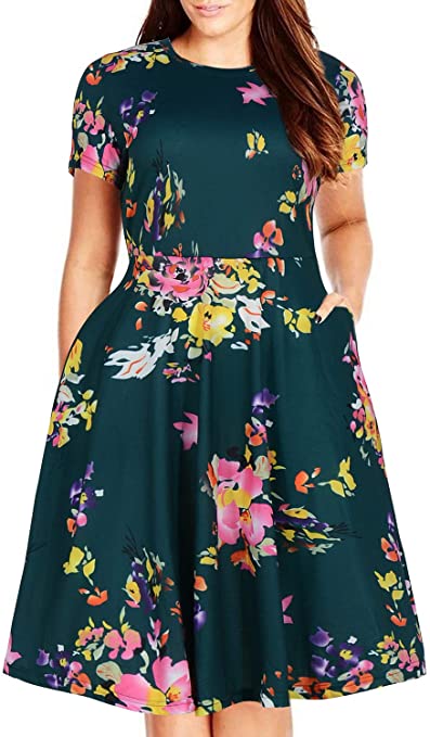 Nemidor Women's Round Neck Summer Casual Plus Size Fit and Flare Midi Dress with Pocket