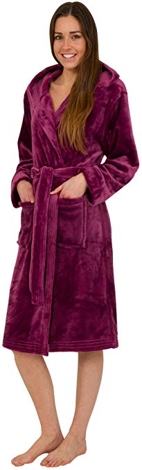 Florentina Women's Soft Velour Fleece Hooded Bathrobe Fuchsia Pink