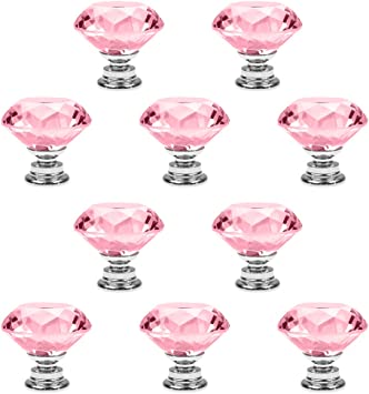 Crystal Glass Cabinet Knobs, PAPRMA 10 Pcs 30mm Diamond Shape Pulls Handles for Drawer Kitchen Cabinets Dresser Cupboard Wardrobe, Clear (Pink)