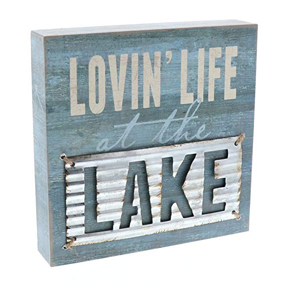 Barnyard Designs Lovin' Life at The Lake Box Wall Art Sign, Primitive Lake House Home Decor Sign with Sayings 8" x 8"