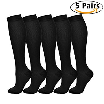 5 Pairs Compression Socks For Women Men 15-20mmHg Nursing Running Athletic Edema Diabetic Varicose Veins Travel Pregnancy Maternity (L/XL)