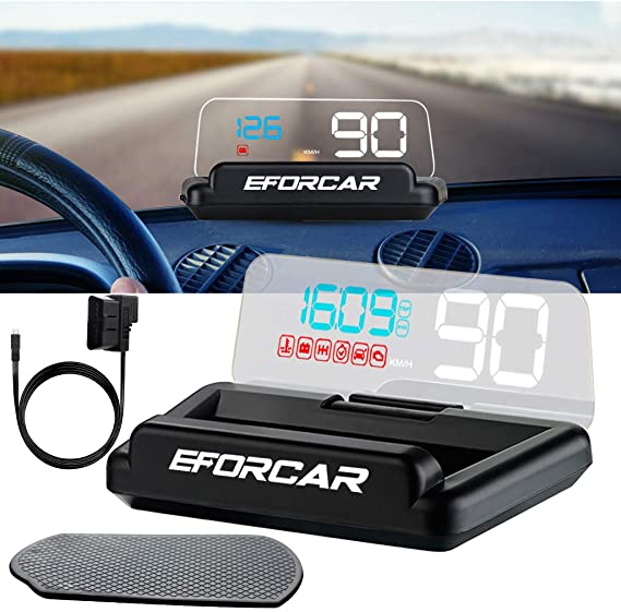 EFORCAR Head-up Display, High Definition Car HUD Speedometer with Foldable Reflection Board OBD2 Interface HD LED Car Display Speed RPM Voltage Driving Reminder Sensor