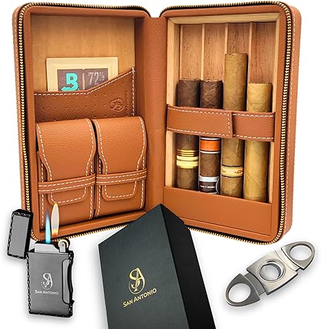 San Antonio Cigar Case Travel Humidor - Premium Spanish Cedar & Leather Travel Cigar Case - Portable Humidor Box Cigar Travel Kit - Holds 4 Large Cigars - Brown
