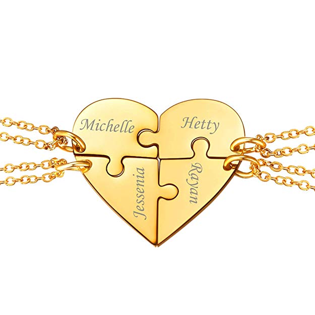 U7 BFF Necklace for 2/3/4/5/6 Stainless Steel Chain Personalized Family Love/Friendship Jewelry Set Free Engraving Heart Pendants