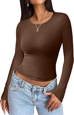 Zeagoo Women Long Sleeve T Shirts Crewneck Basic Casual Slim Fitted Knit Tops 2024 Casual Ribbed Thermal Undershirts Tee