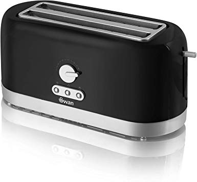 Swan 4 Slice Toaster, Black, Variable Browning Control and Extra Long Slot: 25mm x 250mm, 1200W-1400W, ST10091BLKN