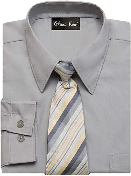OLIVIA KOO Boys Solid Color Dress Shirt with Matching Tie Set in 14 Colors (Size 2T to 20)