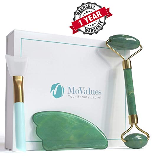 Jade Roller and Gua Sha Tools Set – Jade Roller For Face – Real Authentic Jade – Jade Facial Roller Anti Aging – Best Face Roller Massager – Bonus Mask Brush – Durable, No Squeaks, FREE Warranty