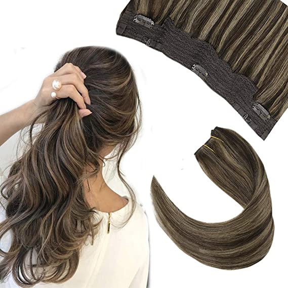 Hetto Halo Hair Extensions Halo Extensions Human Hair 80 Grams Per Package Invisible Hair Extensions Human Hair #2 Darkest Brown Highlighted with #8 Light Brown 14 Inch
