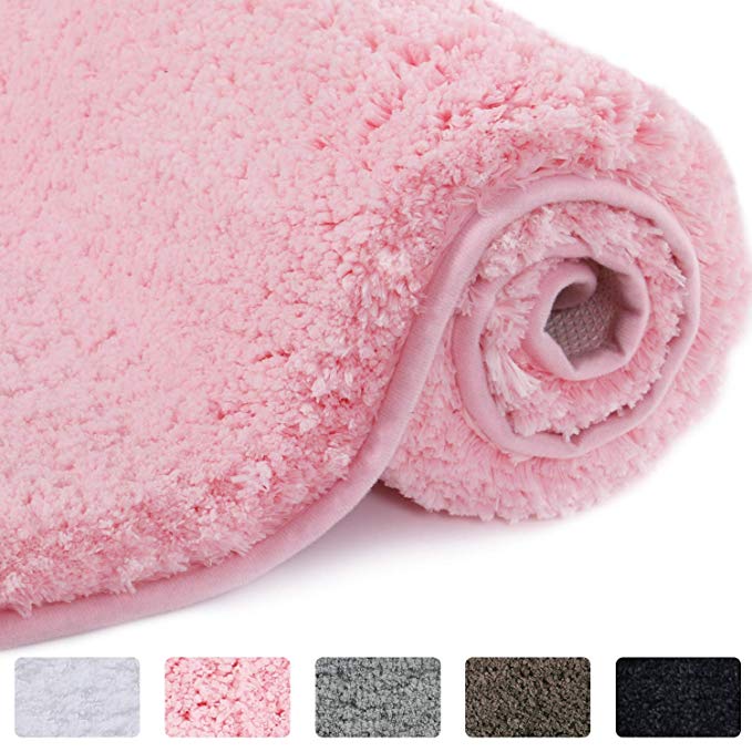 Lifewit Bathroom Rug Bath Mat Non-Slip Rubber Microfiber Soft Water Absorbent Thick Shaggy Floor Mats, Machine Washable, Pink, 32"x20"