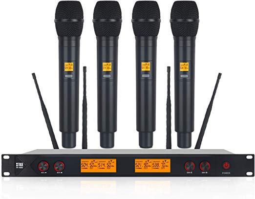 XTUGA A400 Metal Material 4-Channel UHF Wireless Microphone System with 4 Hand-held for Stage Church Use for Family Party, Church, Small Karaoke Night (A) …