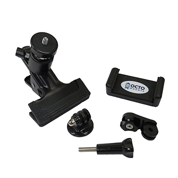 OCTO MOUNTS | Tripod Clip Clamp Mount with 360 Swivel Ball Head Hot Shoe for Camera with Adapter for GoPro, Smartphone, iPhone, Samsung Galaxy, Android, Blackberry, HTC, etc.