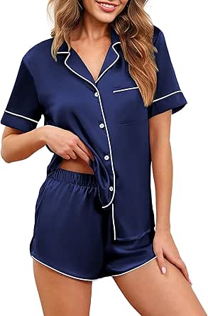 Ekouaer Womens Silk Satin Pajamas Set Short Sleeve Sleepwear Button Down Loungewear 2 Piece Pjs Shorts Set S-XXL