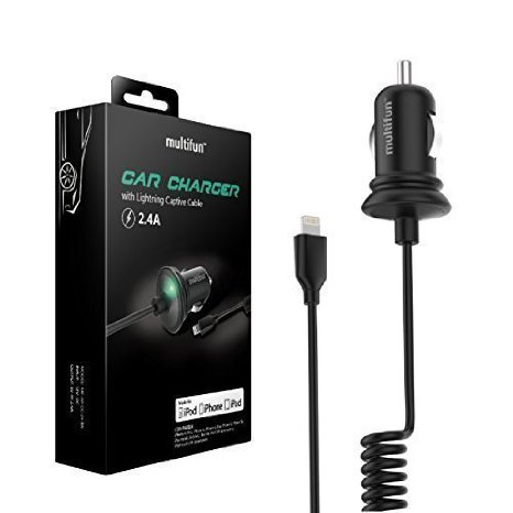 multifun PowerDrive Lightning Apple MFi Certified Car Charger 12W Coiled Lightning Cable for iPhone 6s/6s Plus/6/6 Plus, iPad Air 2 and More (Black)