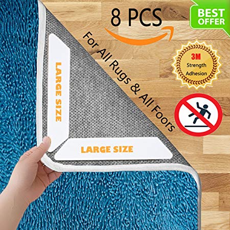 Rug Gripper by AGUARA, 8 pcs Non Slip Rug Pad Premium Carpet tape with Renewable Gripper Tape, Rug grippers for Hardwood Floor, Kitchen, Bathroom, Keeps Your Rugs Safe and in Place