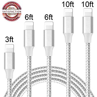 Lightning Cable, Hootech iPhone Charger Cables, 5Pack 3FT 2x6FT 2x10FT to USB Syncing Data and Nylon Braided Cord Charger for iPhone Xs Max, XR, X, 8, 7, Plus, 6, 6S, 6 Plus, 5, 5C, 5S, SE - Sliver