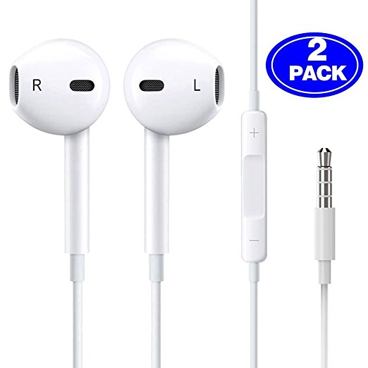 2-Pack Wired Headphones In-Ear Earphones Earbuds with Microphone Stereo for Apple iPhone,iPod,iPad,Samsung Galaxy - White