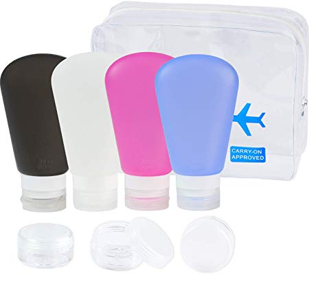 SimpleHouseware 7 Set Travel Containers with Toiletry Bag, 4PK 3oz Leakproof Silicone Bottles & 3 Containers