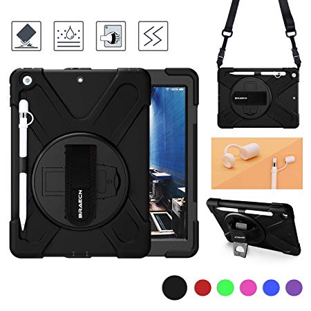 BRAECN iPad 10.2 Case 2019 with Pencil Holder,Heavy Duty Shockproof Hard Durable Rugged Kids Case with Pencil Cap Holder/Hand Strap/Built-in Stand/Shoulder Strap for ipad 7th Generation case-Black