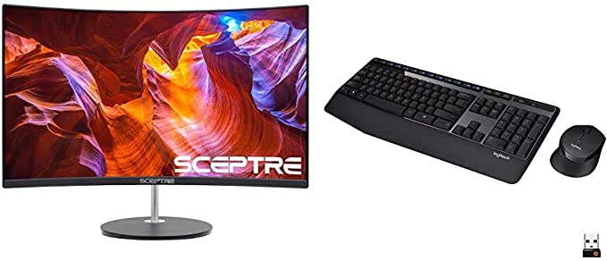 Sceptre 24" Curved 75Hz Gaming LED Monitor Full HD 1080P HDMI VGA Speakers, Metal Black & Logitech MK345 Wireless Combo Full-Sized Keyboard with Palm Rest and Comfortable Right-Handed Mouse - Black