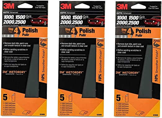 3M(TM) Wetordry(TM) Sandpaper, 03006, 3-2/3 in x 9 in, Assorted, 3 Pack