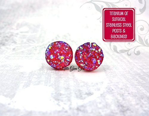Iridescent Red AB Crystal Faux Druzy Earrings - 12mm Size with Titanium or Surgical Stainless Steel Posts Nickel Free for Sensitive Ears - Cranberry Pink Color Changing Glitter Studs