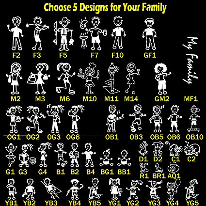 Choose 5 Figures from 48 Unique Designs - TOTOMO Stick Figure My Family Car Stickers with Pet Dog Cat Fish Rabbit Bird Family Car Decal Sticker for Windows Bumper
