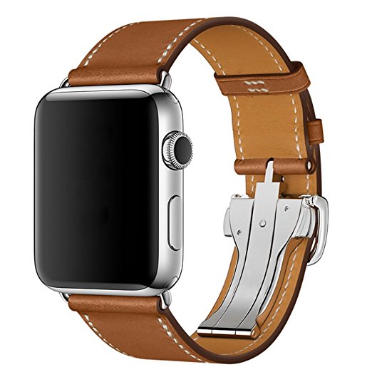 Apple Watch Band 42mm series 1/2,Bandkin Single Tour Deployment Buckle Leather Band,Replacement Wrist Strap for iWatch (42mm Brown)