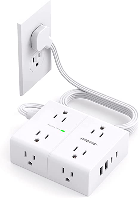 Surge Protector Power Strip, Ultra Thin Flat Plug Power Strip with 2 USB C, 5Ft Flat Extension Cord, 8 Widely Outlets 4 USB Ports, 1080J Wall Outlet Extender, Desk USB Charging Station for Office Dorm