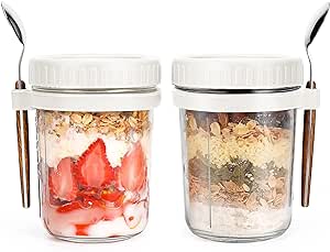 ALINK 2 Pack Overnight Oats Jars, Overnight Oats Container with Lid and Spoon, 10 oz Cereal, Milk, Vegetable and Fruit Salad Storage Container with Measurement Marks (WHITE)