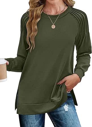 Zeagoo Womens Crewneck Sweatshirt Long Sleeve Tunic Tops Pleated Shirts Dressy Casual Fall 2024 Fashion Trendy Loose Fitting