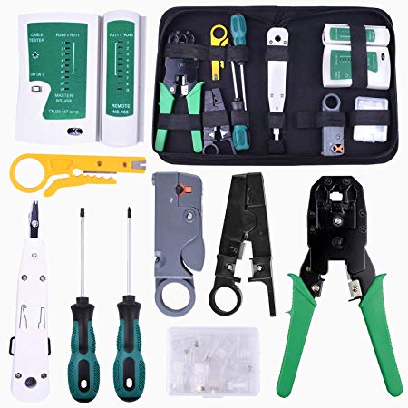 Kuman Network Cable Tester, RJ45 RJ11 Cat5 Wire Crimper Stripper with 10pcs Crystal Connctors Tool Set P9100 (9 pcs)