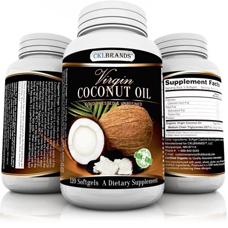 Organic Cold Pressed Virgin Coconut Oil Capsules by CKLBRANDS - 120 Softgels with 3000 mg per Serving - Made in USA - Non-GMO Unrefined MCT Oil Pills for Weight Loss, Healthy Skin, Hair Care, Thyroid - Bonus E-Book