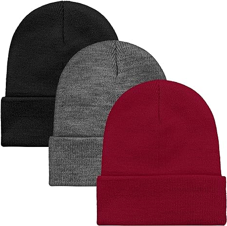 Cooraby 3 Pack Unisex Winter Skull Cap Beanies Knitted Cuff Hats Caps Roll-up Edge Beanie Hats for Men Women Outdoors