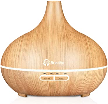 Breathe Essential Oil Diffuser | 550ml Diffusers for Essential Oils with Cleaning Kit & Measuring Cup | 16 LED Color Light Options, 4 Timer Settings, 2 Mist Outputs, Auto Power Off (Natural Oak)