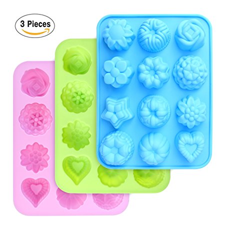 homEdge Food Grade Silicone Flowers Molds, Baking Pan with Flowers and Heart Shape Non-Stick FDA Approved 3-Pack Silicone Molds for Chocolate, Candy, Jelly, Ice Cube (Pink, Blue and Green)