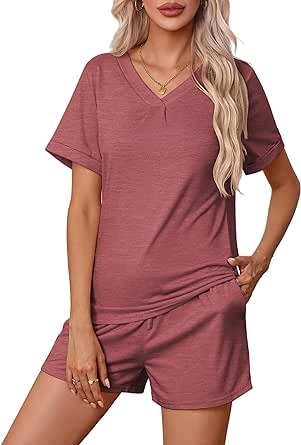 Ekouaer Pajamas Set Womens Short Sleeve V Neck Tee Top and Shorts Sleepwear 2 Piece PJ Sets S-XXL