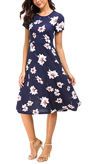 Urban CoCo Women's Floral Print Short Sleeve Flared Midi Dress