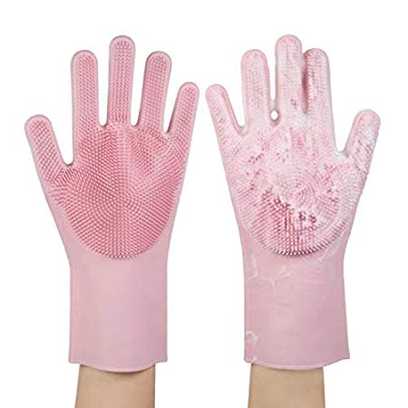Dishwashing,Cleaning Gloves Reusable Silicone Brush Scrubber Gloves Heat Resistant for Dishwashing Kitchen Bathroom Cleaning Pet Hair Care Car Washing (Pink)