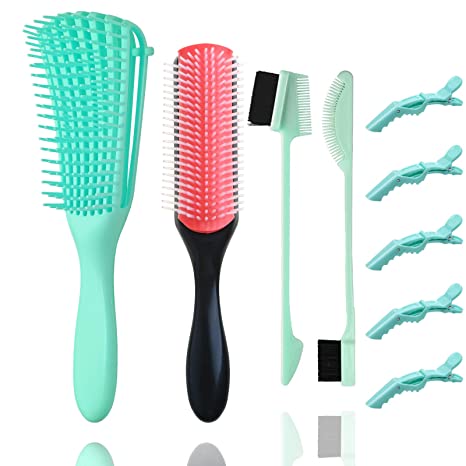 Detangling Brush Set 9-Row Cushion Nylon Bristle Shampoo Brush Denman Brush with 2 different Edge Brush Double Sided   5 Hair Clips for Separating, Shaping & Defining Curls - Blow-Drying–Green